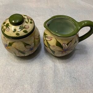 Lesal Ceramics Creamer Sugar Bowl Set Lid Hand Painted Pottery Marked Signed